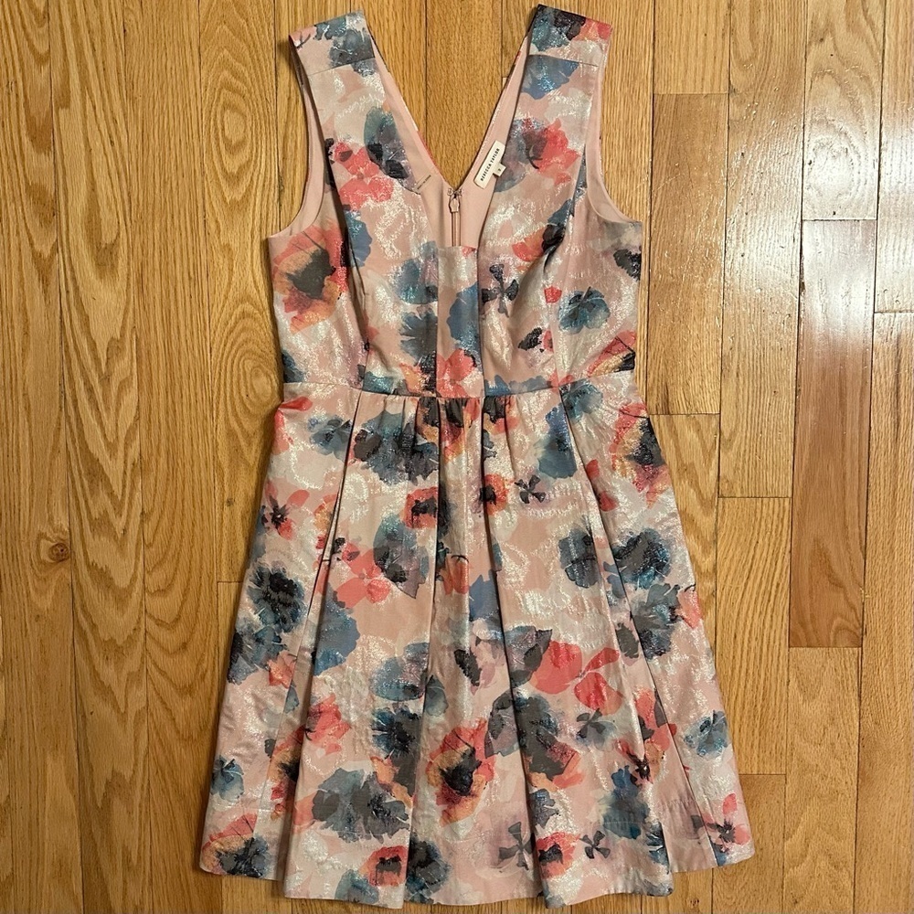 Rebecca Taylor Cocktail Floral Pleated Mini Fit & Flare Dress 2 pockets shimmer
